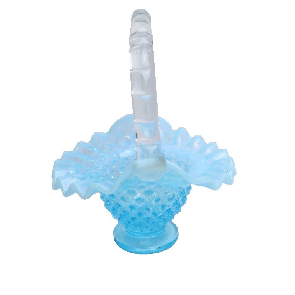 VTG Fenton Hobnail Basket Small Blue Opalescent Glass Ruffled Edge Collectible